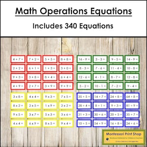 Lot de fiches d'équations mathématiques opérations (code couleur Montessori) - cartes Montessori imprimables - téléchargement numérique