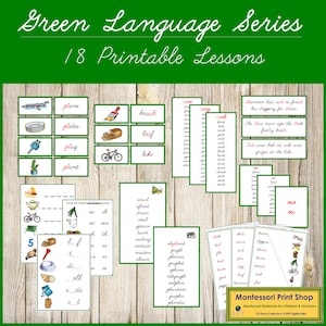 Paquete de fonogramas Montessori verdes en cursiva (imágenes prediseñadas) - Fonética primaria - Tarjetas Montessori imprimibles - Descarga digital