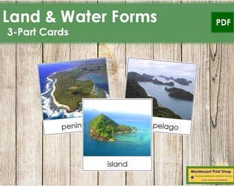 Land & Water Forms 3-Part Photo Cards - Montessori Geography - Printable Montessori Materials - Digital Download