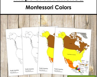 Mappe del Nord America (colore e linea nera) - Geografia Montessori - Materiali Montessori stampabili - Download digitale