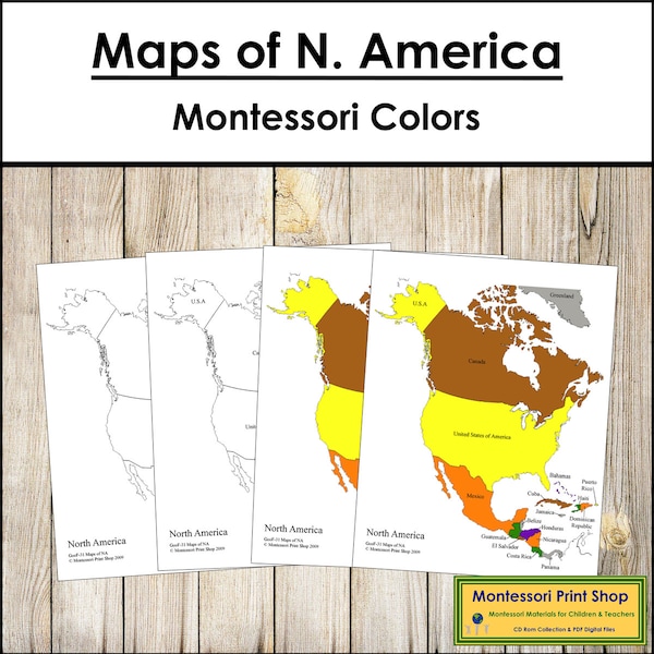 Maps of North America (Color & Blackline) - Montessori Geography - Printable Montessori Materials - Digital Download