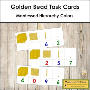 Tarjetas de actividades con cuentas doradas - Matemáticas de primaria - Tarjetas Montessori imprimibles - Descarga digital