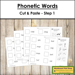 Fonetische woorden knippen en plakken stap 1 - montessoritaal/fonisch geluid - afdrukbare montessorimaterialen - digitale download