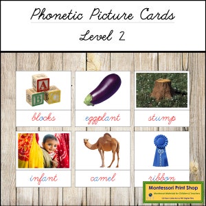Tarjetas ilustradas fonéticas nivel 2 (cursiva) - Lenguaje Montessori - Materiales Montessori imprimibles - Descarga digital