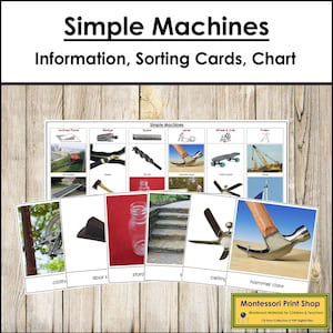 Eenvoudige informatie over machines en hendels, sorteerkaarten en controlekaart - Montessoriwetenschap - afdrukbare montessorikaarten - digitale download