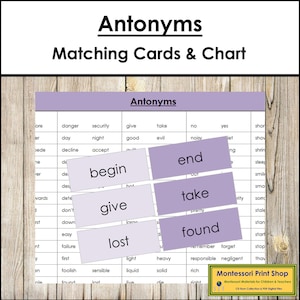 Cartes Antonymes (code couleur) - grammaire Montessori - matériel Montessori imprimable - téléchargement numérique