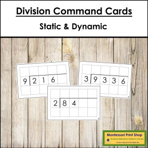 Schede di comando di divisione - Schede di attività di operazioni matematiche - Schede Montessori stampabili - Download digitale