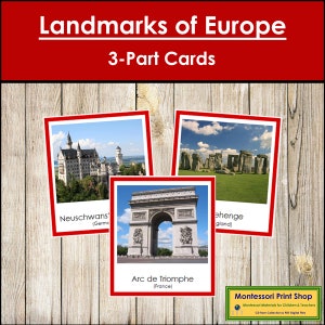 Wahrzeichen Europas (farblich markiert) - Montessori Kontinent Karten - Geographie - Montessori Karten ausdrucken - Digitaler Download