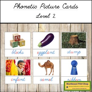 Tarjetas ilustradas fonéticas nivel 2 (cursiva) azul/rojo - Lenguaje Montessori - Materiales Montessori imprimibles - Descarga digital