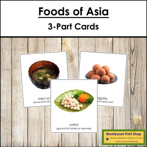 Alimentos da Ásia - Cartões Montessori Continentais - Geografia - Cartões Montessori para Imprimir - Download Digital