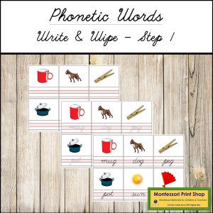 Conjunto 1 de palabras fonéticas para escribir y borrar (cursiva) - Fonética - Lenguaje - Materiales Montessori imprimibles - Descarga digital
