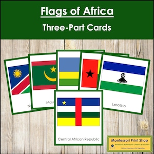 Montessori Flags of Africa 3-Part Cards [color-coded] - Geography Continent Cards (Digital Download)