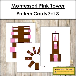 Schede con motivo a torre rosa e scale marroni (set da 3) - Attività sensoriale Montessori - Schede Montessori stampabili - Download digitale