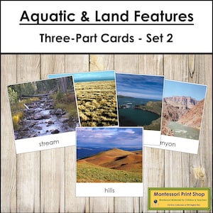 Conjunto de 3 tarjetas de características acuáticas y terrestres (2.º parte) - Geografía Montessori (Descarga digital)