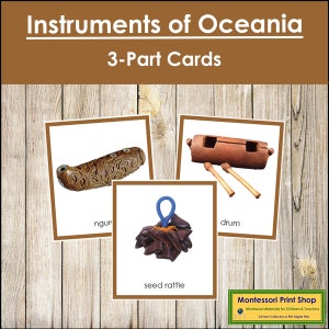 Strumenti musicali dell'Australia/Oceania (codificati a colori) - Schede dei continenti - Geografia - Schede Montessori stampabili - Download digitale