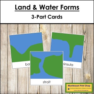 Cartões de formulários simples de terra e água (b/g) - Geografia Montessori - Materiais Montessori para impressão - Download digital