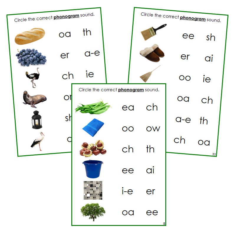 Printable Montessori Green Phonogram Language Series Phonogram Sound Choice Cards Set 1 by Montessori Print Shop