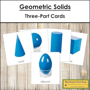 Montessori-kaarten met geometrische vaste stoffen, driedelige kaarten - geometrienomenclatuur (digitale download)