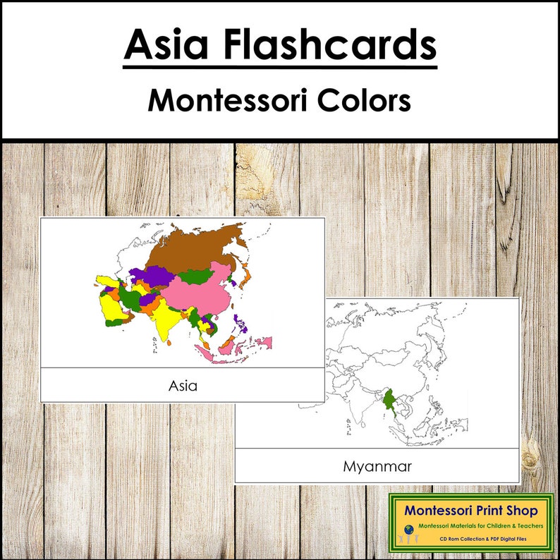 Map of Asia Flashcards [montessori Color-code] - Geography Continent ...