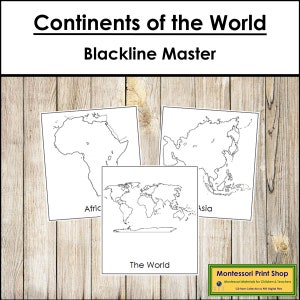 Tarjetas de 3 partes de los continentes del mundo - Geografía Montessori - Materiales Montessori imprimibles - Descarga digital