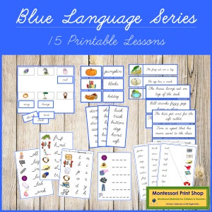 Paquete de la serie de lenguaje fonético Montessori Azul (cursiva, clipart) - Fonética primaria - Tarjetas Montessori imprimibles - Descarga digital