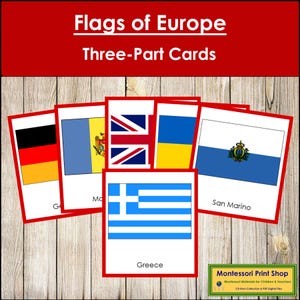 Montessori Flags of Europe 3-Part Cards [color-coded] - Geography Continent Cards (Digital Download)