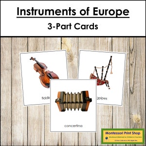 Instrumentos Musicais da Europa - Cartões Continentais - Geografia - Cartões Montessori para Imprimir - Download Digital