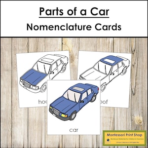 Tarjetas de 3 partes con nomenclatura de las partes de un automóvil - Materiales Montessori imprimibles - Descarga digital