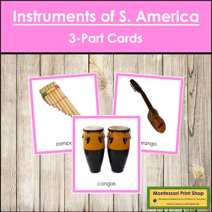 Strumenti musicali del Sud America (codificati a colori) - Schede dei continenti - Geografia - Schede Montessori stampabili - Download digitale