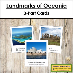 Punti di riferimento dell'Australia/Oceania - Carte Montessori sui continenti - Geografia - Carte Montessori stampabili - Download digitale