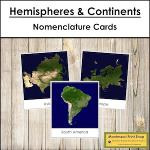Hemisphäre & Kontinent Karten (Satellitenbilder) - Geographie - Druckbare Montessori Materialien - Digitaler Download