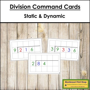 Divisie-opdrachtkaarten (kleurgecodeerd) - Taakkaarten wiskundige bewerkingen - Afdrukbare montessorikaarten - Digitale download