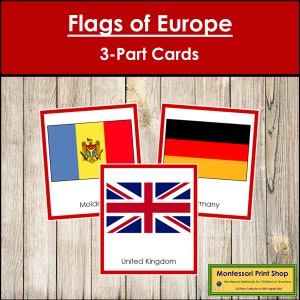 Bandiere d'Europa (codificate a colori) - Schede Montessori sui continenti - Geografia - Schede Montessori stampabili - Download digitale