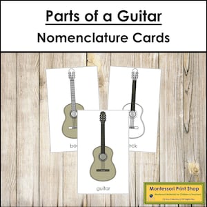 Onderdelen van een gitaar Nomenclatuur 3-delige kaarten - Afdrukbaar montessorimateriaal - Digitale download