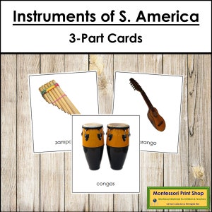 Instruments de musique d'Amérique du Sud - Cartes de continent - Géographie - Cartes Montessori imprimables - Téléchargement numérique
