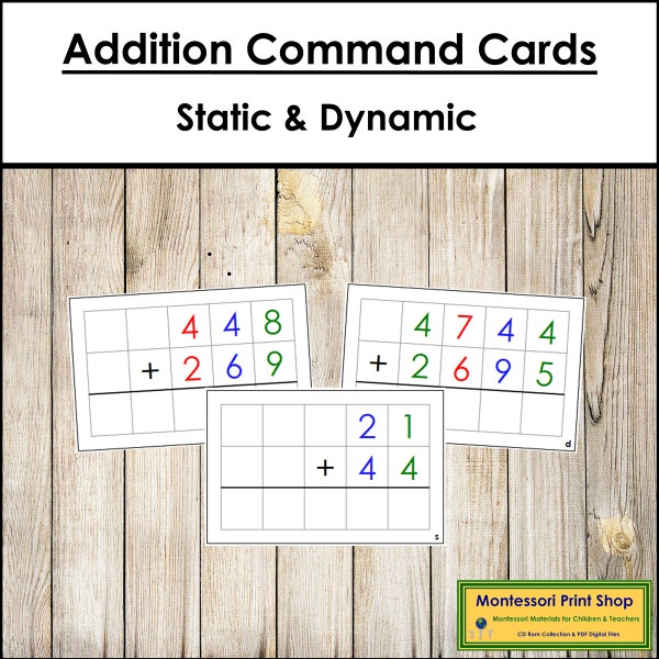 Addition Command Cards (color-coded) - Math Operations Task Cards - Printable Montessori Cards - Digital Download