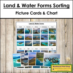 Cartes de tri des formes terrestres et aquatiques et carte de contrôle - géographie Montessori - matériaux Montessori imprimables - téléchargement numérique