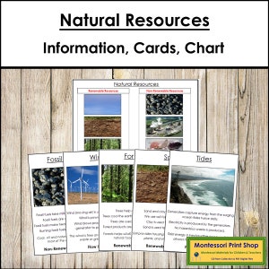 Información sobre recursos naturales, tarjetas de clasificación y tabla de control - Ciencias Montessori - Tarjetas Montessori imprimibles - Descarga digital