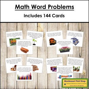 May include: A set of 144 colourful cards with maths word problems for children. The cards feature various illustrations, including birds, hot dogs, trains, flowers, doughnuts, pencils, thread spools, cactus plants, and Starburst candies. The cards are designed to help children learn and practise maths skills.