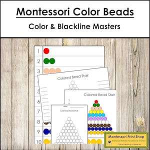 Escalera de cuentas de colores Montessori, tabla de control y patrones de trazo negro - Materiales Montessori imprimibles - Descarga digital