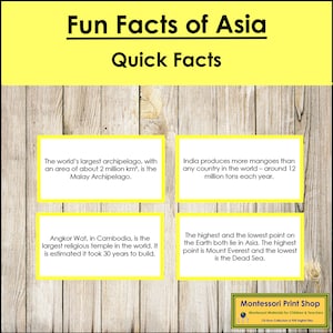 Curiosità sull'Asia (codificate a colori) - Carte Montessori sui continenti - Geografia - Carte Montessori stampabili - Download digitale