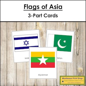 Drapeaux de l'Asie - Cartes Montessori Continent - Géographie - Cartes Montessori imprimables - Téléchargement numérique