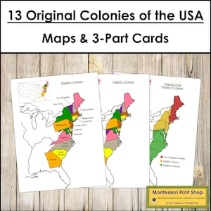 13 originale Kolonien der USA Karten, Informationen & 3-teilige Karten - Montessori Geographie - Druckbare Montessori Materialien - Digitaler Download