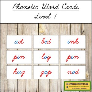 Tarjetas de palabras fonéticas nivel 1 (rojo/azul) en cursiva - Lenguaje - Materiales Montessori imprimibles - Descarga digital