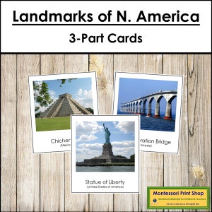 Monuments d'Amérique du Nord - Cartes Montessori Continent - Géographie - Cartes Montessori imprimables - Téléchargement numérique