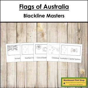Bandiere dell'Australia Blackline Masters - Geografia - Schede Montessori stampabili - Download digitale