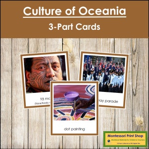 Cultura dell'Australia/Oceania (codificato a colori) - Schede Montessori sui continenti - Geografia - Schede Montessori stampabili - Download digitale