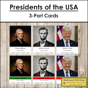 Presidenti degli Stati Uniti Schede in 3 parti - Storia degli Stati Uniti - Schede Montessori stampabili - Download digitale