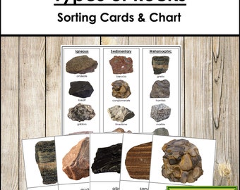 Types de roches (ignées, sédimentaires ou métamorphiques) cartes de tri et carte de contrôle - cartes Montessori imprimables - téléchargement numérique