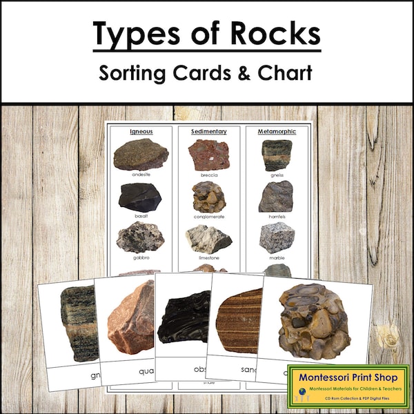 Types of Rocks (Igneous, Sedimentary, or Metamorphic) Sorting Cards & Control Chart - Printable Montessori Cards - Digital Download